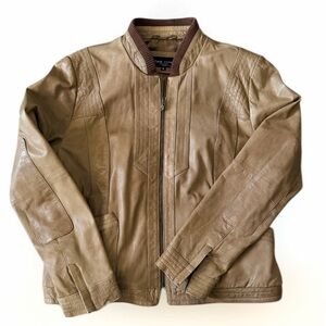 Black Rivet Soft Tan Leather Zippered Moto Bomber Jacket XL